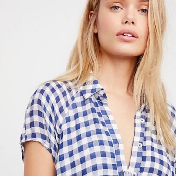 Free People New Spring Love Gingham Blue Plaid Tunic Top - Picture 6 of 11